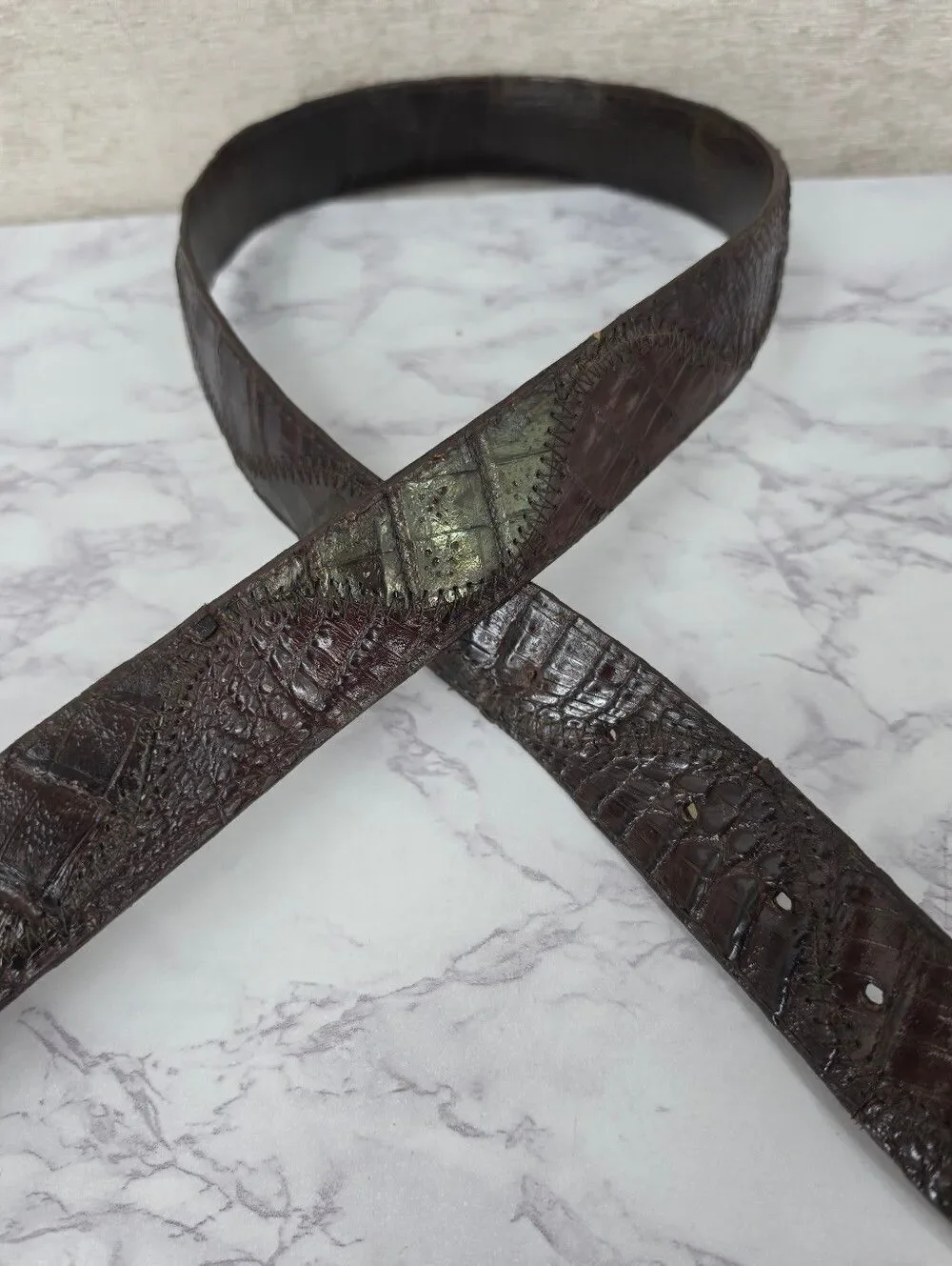Caiman Dark Brown Leather Belt with Brass Buckle Vintage Alligator